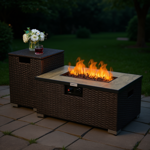 Mesa de Exterior con Chimenea de Propano Mantel, 32 x 20 Pulgadas, de Mimbre, con Mesa Lateral para Entretenimiento en el Jardín - Product Image 2