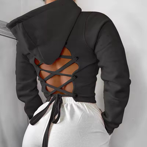 Sweat-shirt à <span class=keywords><strong>capuche</strong></span> court <span class=keywords><strong>noir</strong></span> et rose à manches longues tendance pour femmes, avec lien à nouer dans le dos, marque privée personnalisée Loveda - Product Image 3