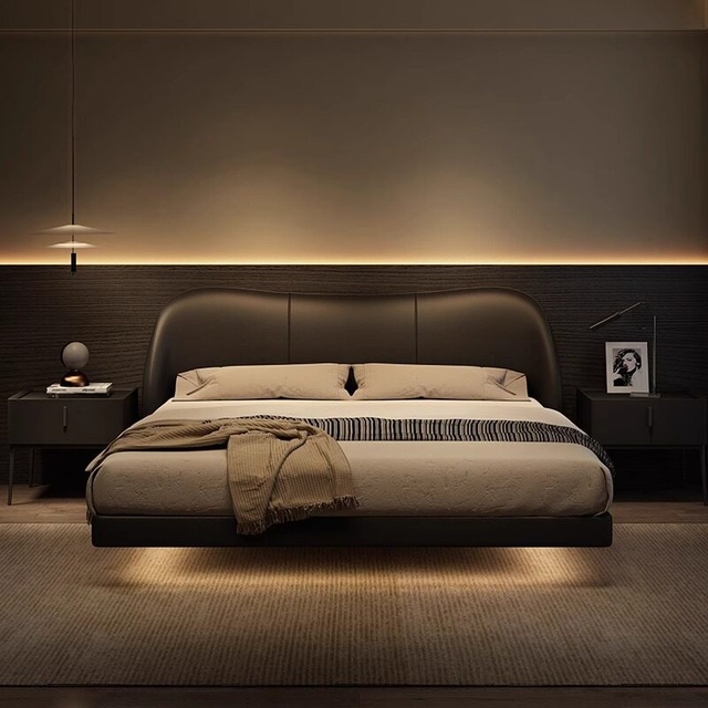 Italian Style Minimalist Modern Light Luxury Genuine Leather Floating Bed King & Double Size Luxury Wedding Bed New Design