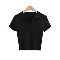 T-shirt en tricot côtelé à col en V pour femmes en coton personnalisé en gros Top court à manches courtes Basic Women's Casual Summer Crop Top Women t Shirt