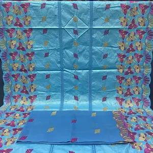 Flower Design Blue Cotton African Fabric Bazin Riche Textile 7 Yards Guinea Brocade Jacquard Fabric With Beads