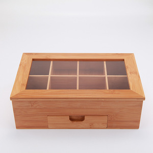 Bamboo <b>Tea</b> Storage <b>Box</b> With Glass Lid 33.1x21x10cm Divided Compartments Drawer For Desktop Home Use - Product Image 3