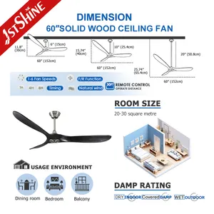 1stshine decorativo 60 pulgadas Cieling fan 230V aspas de madera Cele fan DC bldc ventiladores de techo con control remoto