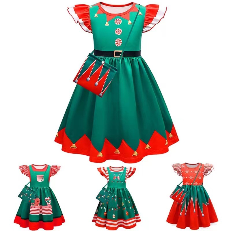 2024 Christmas Dress Short Sleeve Green Dress Party Girls 2024 Christmas Dress Short Sleeve Green Dress Party Girls
