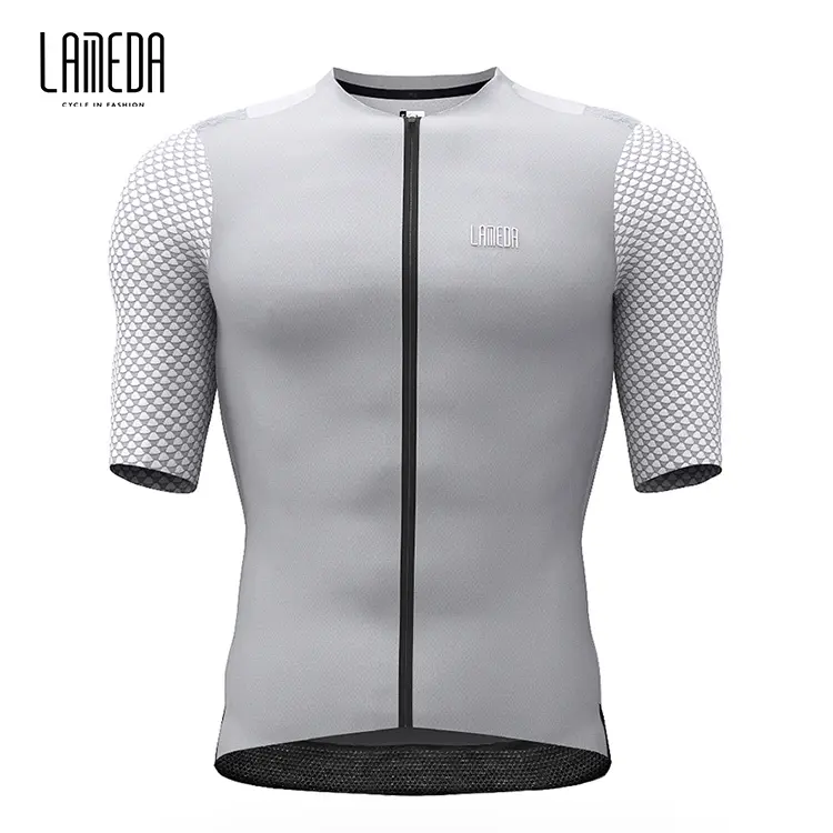 LAMEDA ผ้าตาข่ายน้ำหนักเบา,ระบายอากาศสีเทาเสื้อผ้าทีมปั่นจักรยานที่กำหนดเองสำหรับผู้ชาย