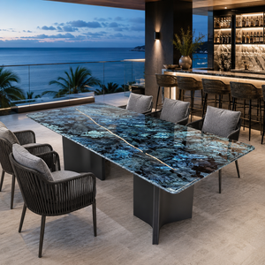 Customized Dining <b>Table</b> Rechtangle <b>Top</b> Modern Villa 8~10 Seater Metal Legs <b>Stone</b> Furniture Luxury Lemurian Blue - Product Image 5