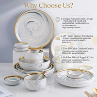 Service de vaisselle en céramique marbrée cuite à haute température, ultra-durable, en porcelaine de qualité supérieure, avec bordures dorées artisanales