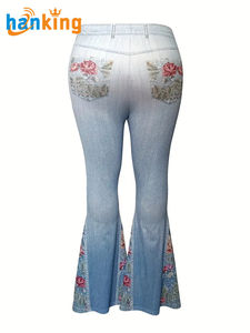 Pantalon Slim Décontracté pour Femme, Grande Taille, Couleur Dégradée, Fleurs Imprimées, Taille Haute, Panneau Légèrement Extensible, Évasé, Jeans - Product Image 3