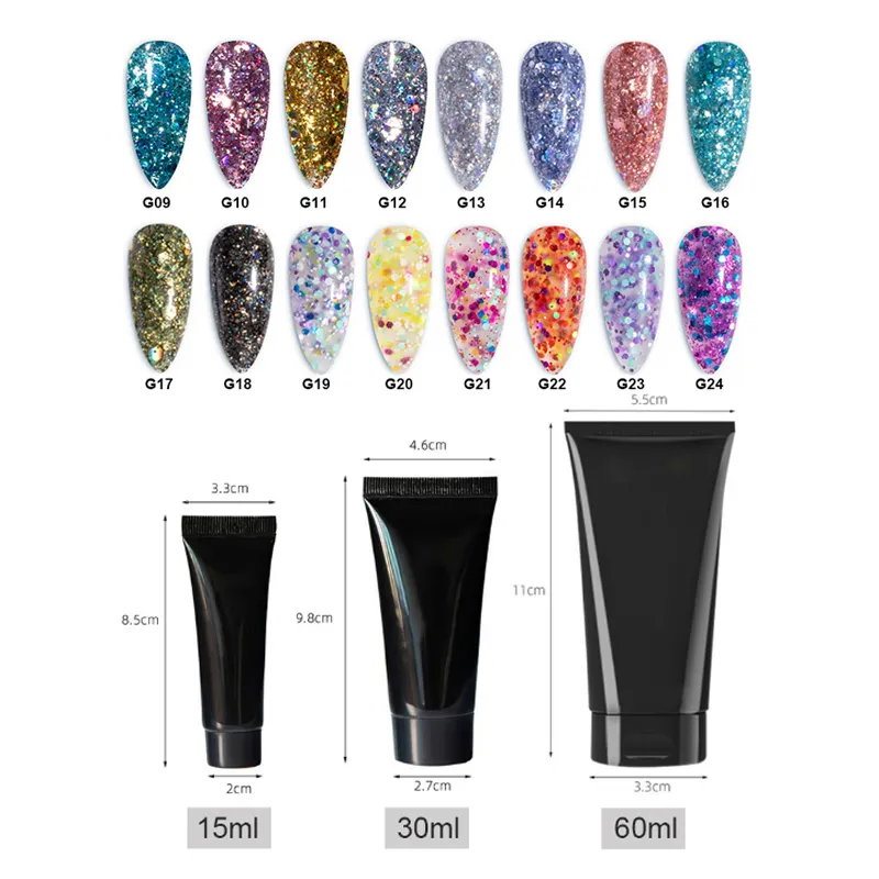 2024 nuovo Gel per unghie Glitter per estensione per unghie Logo personalizzato Gel di cristallo scintillante 15ml che costruisce rapidamente Gel acrilico UV