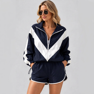 Ensemble coupe-vent pour femmes, bleu marine et blanc, veste et short de sport à fermeture éclair, 2 pièces, vêtements de sport décontractés - Product Image 1