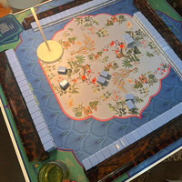 Tapis de Mahjong Style Américain 31,5x31,5 Pouces en Tissu Technique Bleu-Vert avec Règles Imprimées, Jokers, Dragons et Motifs de Jardin Chinois