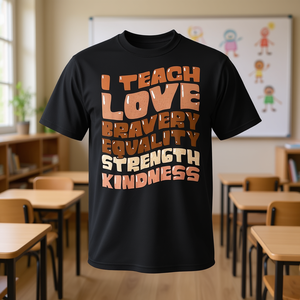 Camiseta para profesores con la frase: I Teach Love Bravery Equality Strength Kindness - Product Image 3