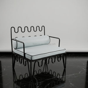 <span class=keywords><strong>Fauteuil</strong></span> d'appoint noir en fer forgé ondulé avec coussin de siège cylindrique à bordure côtelée, design industriel antique pour la maison, le bureau ou le salon - Product Image 5