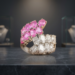 <b>Moissanite</b> Diamond Pink Sapphire <b>Oval</b> Multi Stone Cluster Statement <b>Ring</b> 10K 14K 18K Gold Rhodium Wedding Anniversary Party - Product Image 1