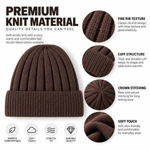 Bonnet en tricot acrylique premium, chaud pour l'hiver, côtelé avec revers plié, doux, effet amincissant, unisexe, vente en gros, logo personnalisé - Product Image 4