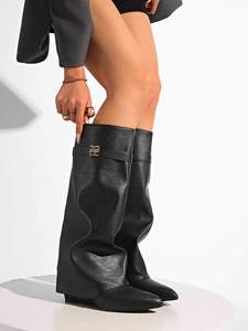 <span class=keywords><strong>Bottes</strong></span> hautes souples pour femmes, à bout pointu, talon compensé, en cuir PU, à enfiler, noires, tendance, vente en gros, logo personnalisé - Product Image 1