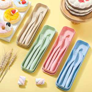 Ensemble de couverts portables écologiques de qualité alimentaire pour adultes et enfants, sans BPA, en acier inoxydable et paille de blé, avec étui de protection, idéal pour les voyages et les cadeaux promotionnels - Product Image 1