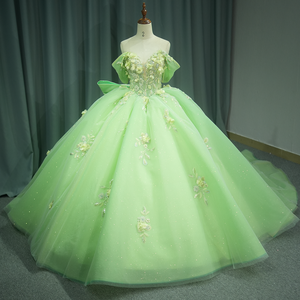 Jancember 6817 Glaromous Green Off Shoulder Appliqued Flower Bow Quinceanera Vestidos - Product Image 2