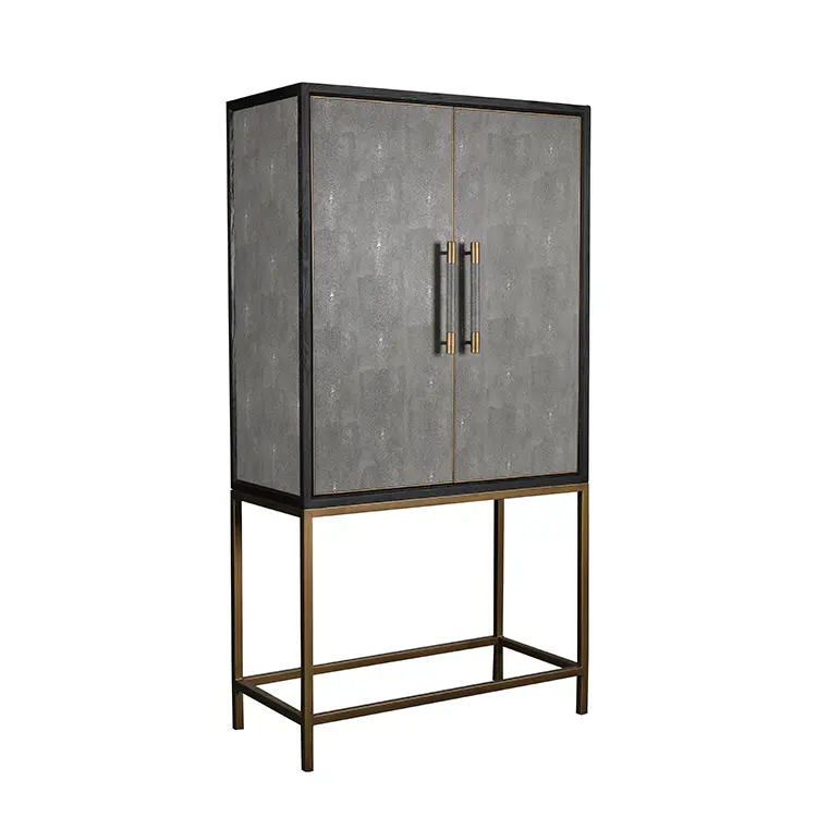 MRS WOODS Modern contemporary luxury gold metal base faux shagreen leather bar wine cabinet