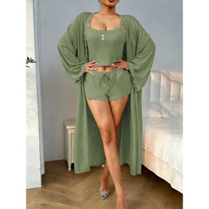 Conjunto de Tres Piezas para Mujer, Color Sólido, Estilo Simple, Top + Pantalones + Bata, Ropa Cómoda para Estar en Casa, P286 - Product Image 4