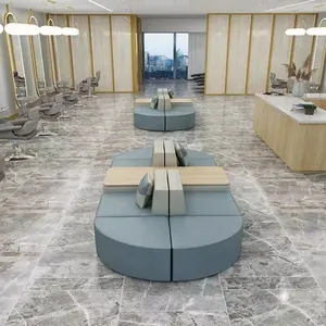 Modern tasarım mavi deri beyaz ahşap High End parlak Salon bürosu lobi salonu merkezi banka bekleme resepsiyon ofis ziyaretçi koltuk takımı