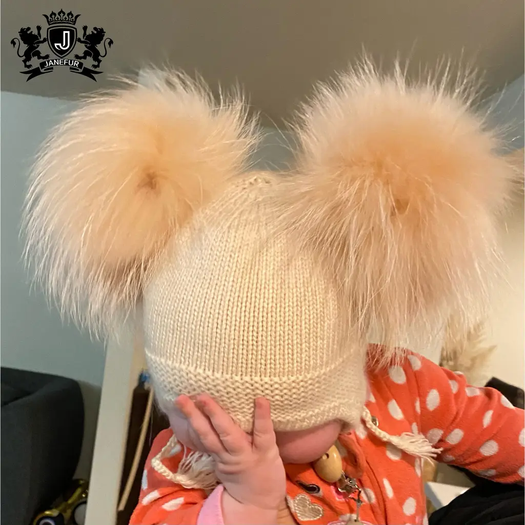 Janefur 100% Topi Pom Angora Gaya Polos Rajutan Topi Bayi Beanie Anak dengan Topi Bulu Rakun Asli