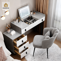 Table de toilette moderne en bois HarmTai avec miroir LED intégré pour chambre à coucher, rangement maquillage, 3 tiroirs, forme en L, blanc