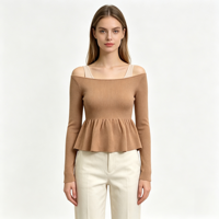 Pull décontracté de haute qualité pour femme, couleur marron, épaules dénudées, à manches longues et pointelle, personnalisable OEM & ODM, vente en gros