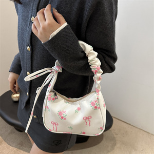 2026 New Niche Design <b>Large</b> Capacity Single Shoulder Floral <b>Bag</b> Autumn Pleated Underarm Sweet <b>Drawstring</b> Polyester - Product Image 2