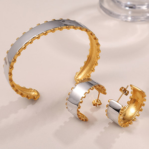 Two-Tone Gold Plated <b>Bracelet</b> And Earrings <b>Set</b> Geometric Design For Women Party Fashion Jewelry Zinc Alloy - Product Image 1