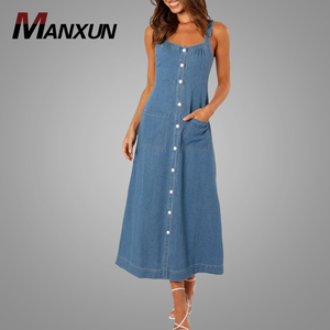 Alta calidad Denim Wash Mujeres Vestido <span class=keywords><strong>Elegante</strong></span> Smocking Sin mangas Correa Vestidos en línea - Product Image 1