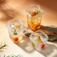 Gobelets carrés en plastique PET de qualité alimentaire à paroi simple, diamètre 93 mm, 10 oz-24 oz, transparents, jetables, avec système de couvercle