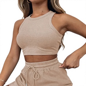 Ensemble 2 pièces côtelé respirant pour femme, col rond, crop top et short taille mi-haute, vente en gros, commande OEM, faible MOQ - Product Image 2