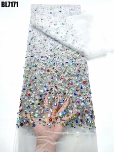 قماش دانتيل فرنسي أنيق عالي الجودة مزين بالخرز يدويًا مع الترتر والزهور الملونة للزفاف والحفلات - Product Image 4