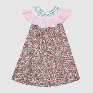 Robe longue maxi standard pour filles à smocks floraux géométriques, rose, à volants, smocks faits à la main, 100% coton, manches courtes pour le printemps - BB2052 OEM - Product Image 2