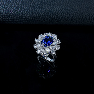 <b>925</b> Sterling <b>Silver</b> Lab Created Sapphire Oval Cut Floral Halo <b>Ring</b> - Product Image 3