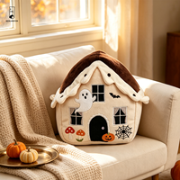 Maison hantée en peluche pour Halloween avec fantôme brodé, chauve-souris, citrouille, toile d'araignée, décoration de chalet 3D fantaisiste