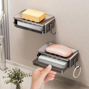 Jabonera para baño, bandeja de recolección de agua montada en la pared sin agujeros, estante de almacenamiento para baño - Product Image 5