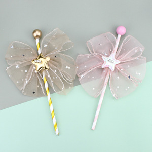Mesh Lace Star Bow Fairy Wand Cake Topper Birthday Party Decoration Handmade Girly Princess Plug In - Product Image 1