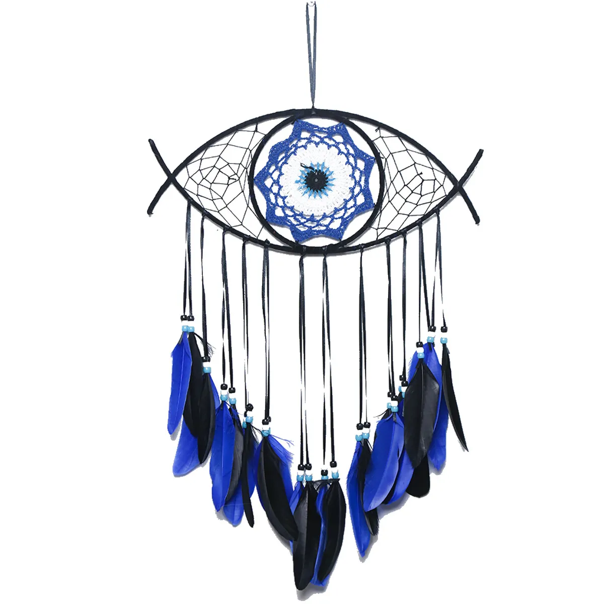 Großhandel handgemachte böhmische weiße blaue Feder böse Auge Traum fänger Handwerk Ornament Home Wandbehang Dekor Home Deco
