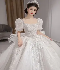 YN30 französisches Frühjahr 2024 schwangere Braut hohe Taille Gausse langer Schritt Hochzeitskleid Ballkleid mit Hochzeitsschleier-Set