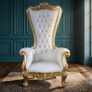 High <b>Back</b> 180cm King Throne <b>Chair</b> Gold White Leather Velvet Baroque French Solid Wood Stylish Leisure <b>Chair</b> Home Living Room - Product Image 3