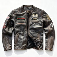 Jaket Kulit Asli Pria J100 Model Vintage Distressed, Kerah Tegak, Slim Fit, Berbagai Patch Huruf, untuk Musim Dingin
