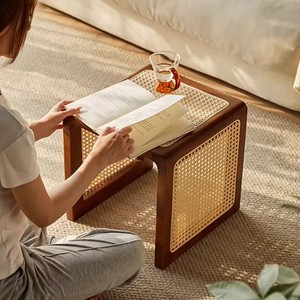 Sgabello Cubo in Rattan Moderno, <span class=keywords><strong>Tavolino</strong></span> in <span class=keywords><strong>Legno</strong></span> Massello 2 in 1 per Soggiorno e Camera da Letto - Product Image 2