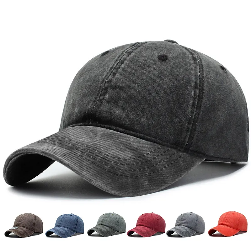 Effen Kleur Katoen Distressed Gewassen Denim Baseball Cap Oem Logo Custom 6-Panel Vintage Piek Zonnescherm Sport Effen Hoed Caps