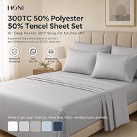 Ensemble de draps plats anti-rides HONI avec logo personnalisé, 50% polyester, 50% coton, style moderne, lit double, 300 fils, 4 pièces, pour tous les âges