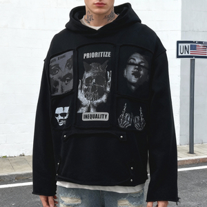 500 Gsm <b>Pullover</b> Streetwear Hoodie Patchwork Printed Graphic Hoodie French Terry Heavyweight Oversized Embroidered Hoodies - Product Image 2