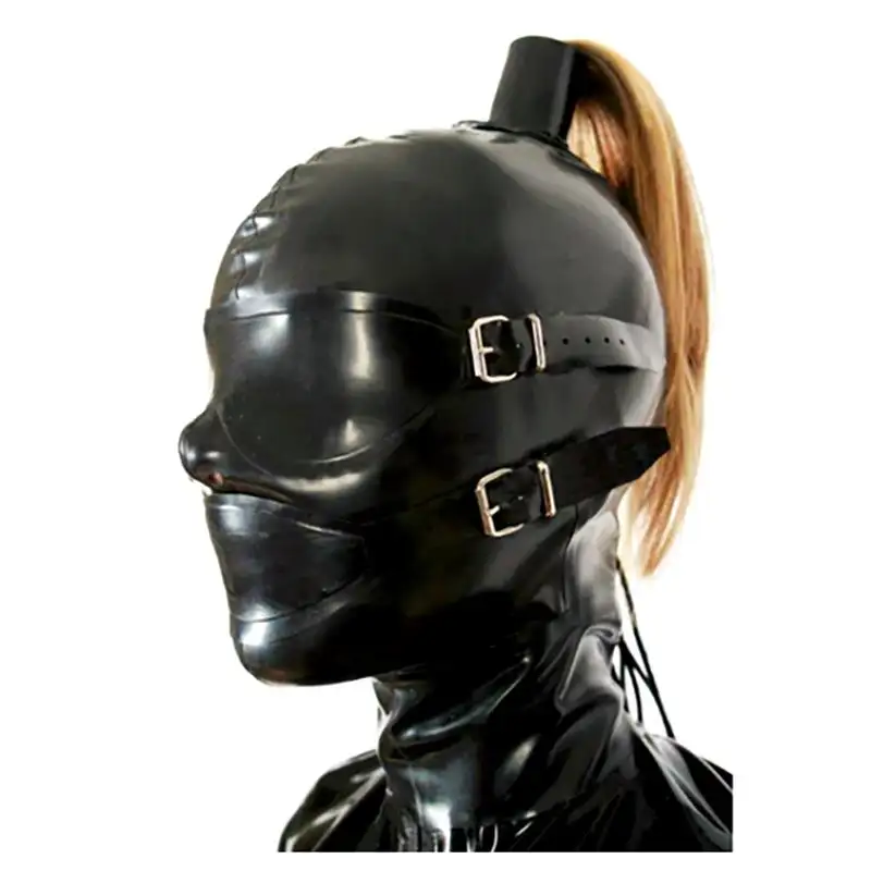 Moglovers đen sexy Full Head latex cao su handmade phụ nữ mũ trùm đầu với kiểu tóc đuôi ngựa Fetish mặt nạ mũ