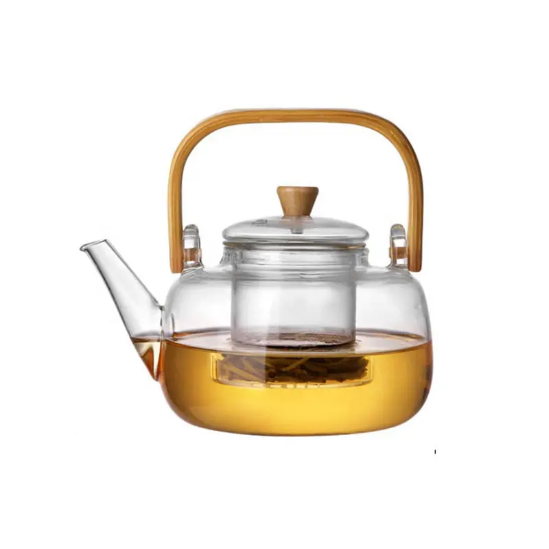 กาน้ำชาแก้วทนความร้อนโบโรซิลิเกต1L,ชุดกาน้ำชาดอกไม้ไผ่มือจับชา