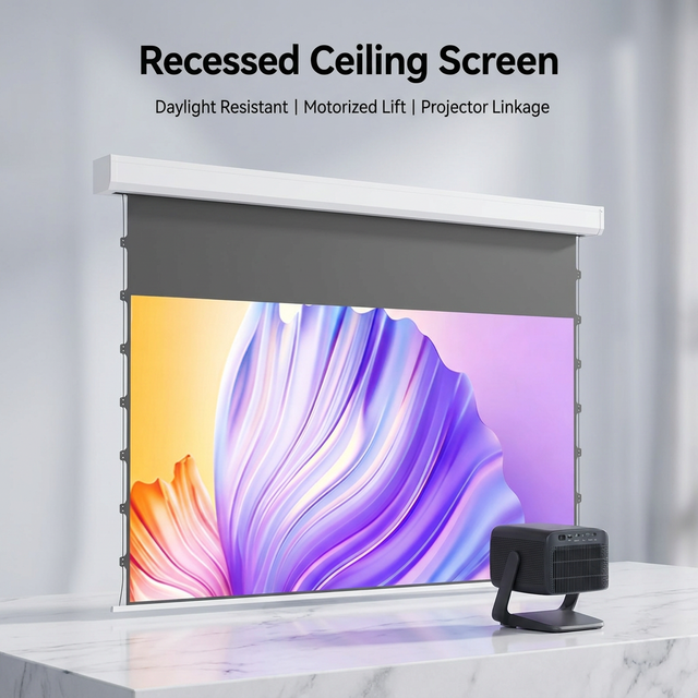 84inch Ceiling Recessed Motorised Projector Screen With Tab-Tensioned in Ceiling Retractable Ambient Light Rejecting